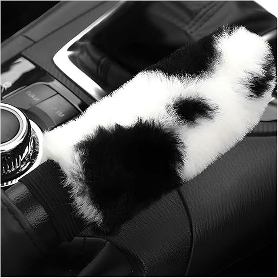 Cow Print Car Accessories Set, Fluffy Cow Print Plush Steering Wheel Cover, Gear Shift Cover, Warm Fuzzy Console Armrest Pad & Handbrake Cover, Car Decoration Accessories (Handbrake Cover)