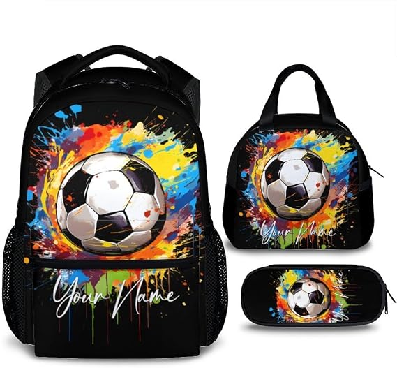 Custom Kids Backpack with Lunch Box Set for Boys Girls, 3 in 1 Soccer School Backpacks Matching Combo, Cute Black Bookbag and Pencil Pouch Bundle