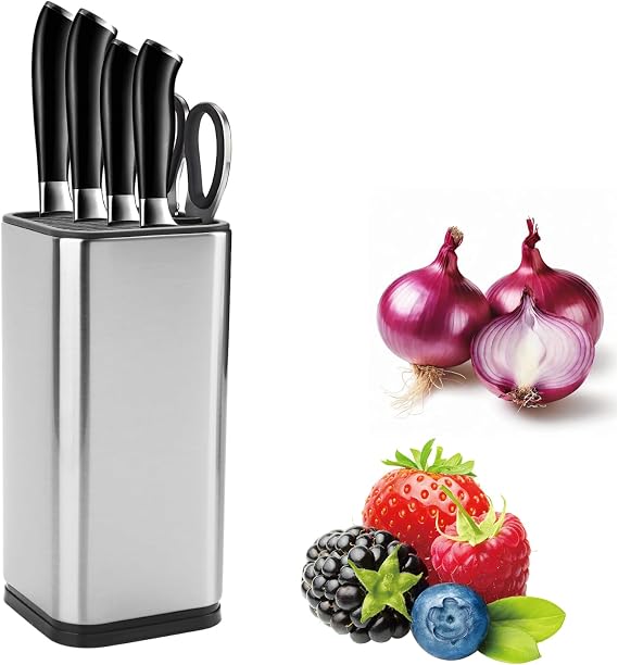 Universal Kitchen Knife Block Holder,Stainless-Steel Rectangular Knife Stand Without Knives,Knife Counter-top Storage with Scissors-Slot,Space-Saving Knife Storage Organizer (Silver A)