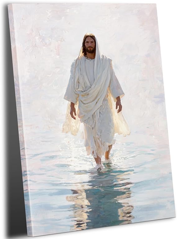 Jesus Walking on Water Canvas Wall Art Christian God Wall Decor Pictures Religious Spirit Faith Posters Prints for Living Room Bedroom Church Home Decorations 16x24inch