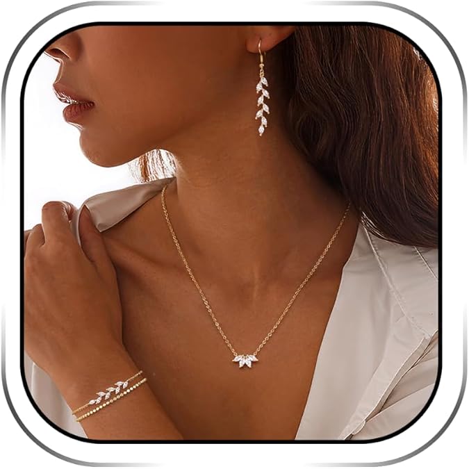 JeryWe Gold Jewelry Set for Women 14K Gold Plated Layered Pearl Choker Necklace and Drop Earrings Set Adjustable Bracelets Pearl/Cross/CZ Choker Necklace Dainty Wedding Jewelry Sets for Brides