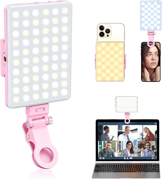 Selfie Light, Phone Light with Front & Back Clip, 60 LED Portable Light with 3 Modes, 5000mAh Rechargeable Video Light for Phone, iPhone, IPad, Laptop, TikTok, Makeup, Lighting Monolights(Pink)