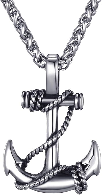 Mens Stainless Steel Nautical Anchor Necklace Vintage Navy Mooring Rope Anchor Pendant with 24 Inches Link Chain