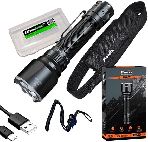 Fenix TK22R 3200 Lumen, 525 Yards Long Throw, Professional Rechargeable LED Tactical Flashlight, with EdisonBright accesory case
