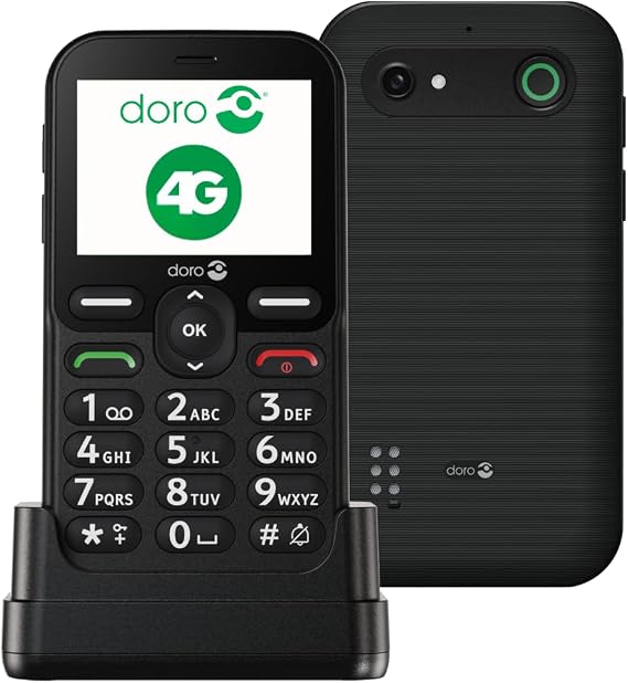 Doro Leva E10 4G Mobile Phone For Seniors 2.4 Inch Landscape Display High Contrast Buttons Ultra Clear Sound HD Voice Camera Doro Secure Button Includes Charging Dock Black