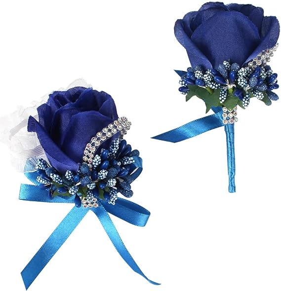 WANLIAN Rose Wrist Corsage Bridesmaid Corsage and Boutonniere Set for Wedding Prom Party Hand Flower Decoration Set of 2 (Blue)