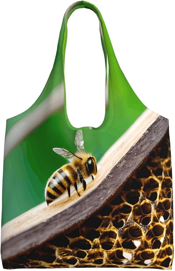 Bee Flying Print Canvas Tote Bag With Handles, Reusable Grocery Foldable Travel Shopping Tote