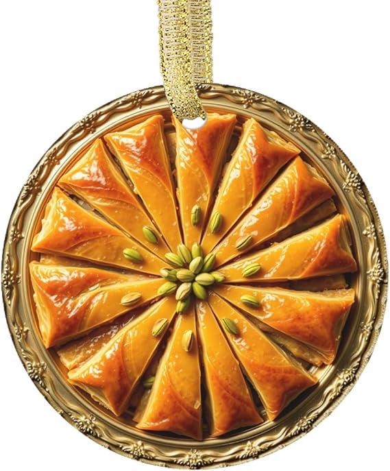 Christmas Ornament of Baklava with Pistachios Nuts, Honey Glaze, Pastry Dessert Cuisine, Food Themed Ceramic Foodie Lovers Novelty Holiday Xmas Ornaments Decor (Flat Design, NOT 3D)