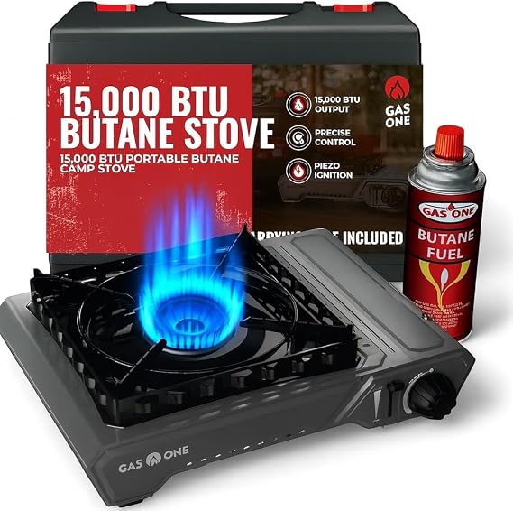 GasOne GS-5900A 15,000 BTU Portable Butane Camping Stove with Heavy Duty Case: Automatic Ignition, High Output, Precise Heat Control - Camping & Tailgating and Outdoor Cooking