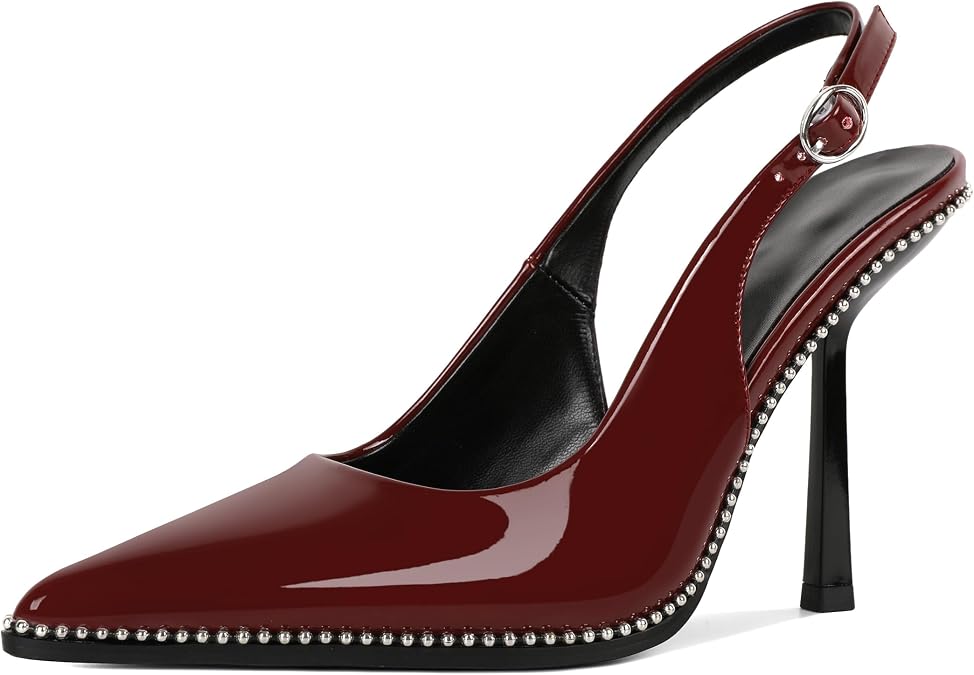 Mettesally Women's Slingback High Heels Pointy Stiletto 3.5" Size 5-13 | Handmade Closed Pointed Toe Heeled Heels Comfy Dressy Ankle Strap Patent Leather Beaded Pumps Dress Shoes for Wedding Party