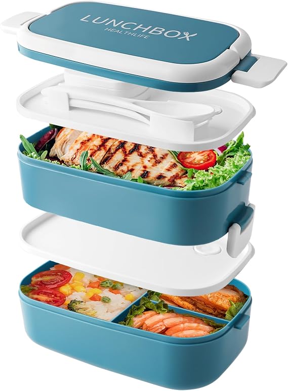 Bento Lunch Box Stackable,1400ml Containers with 4 Compartments and Cutlery, Leakproof 2 Layer Boxes, for Adults Kids Office, Microwave Dishwasher Safe (Blue)