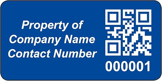 250 Personalised QR Code Asset Tag Labels Custom Sticker - with Optional Website Linked QR Code - Blue 38mm x 20mm Permanent Vinyl Labels - Simple to Customize