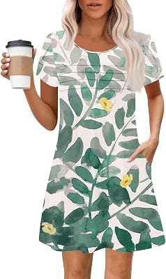 Summer Dresses for Women 2026 Round Neck Floral Short Sleeve Dress Casual T Shirt Dresses Pleated Front Beach Dress