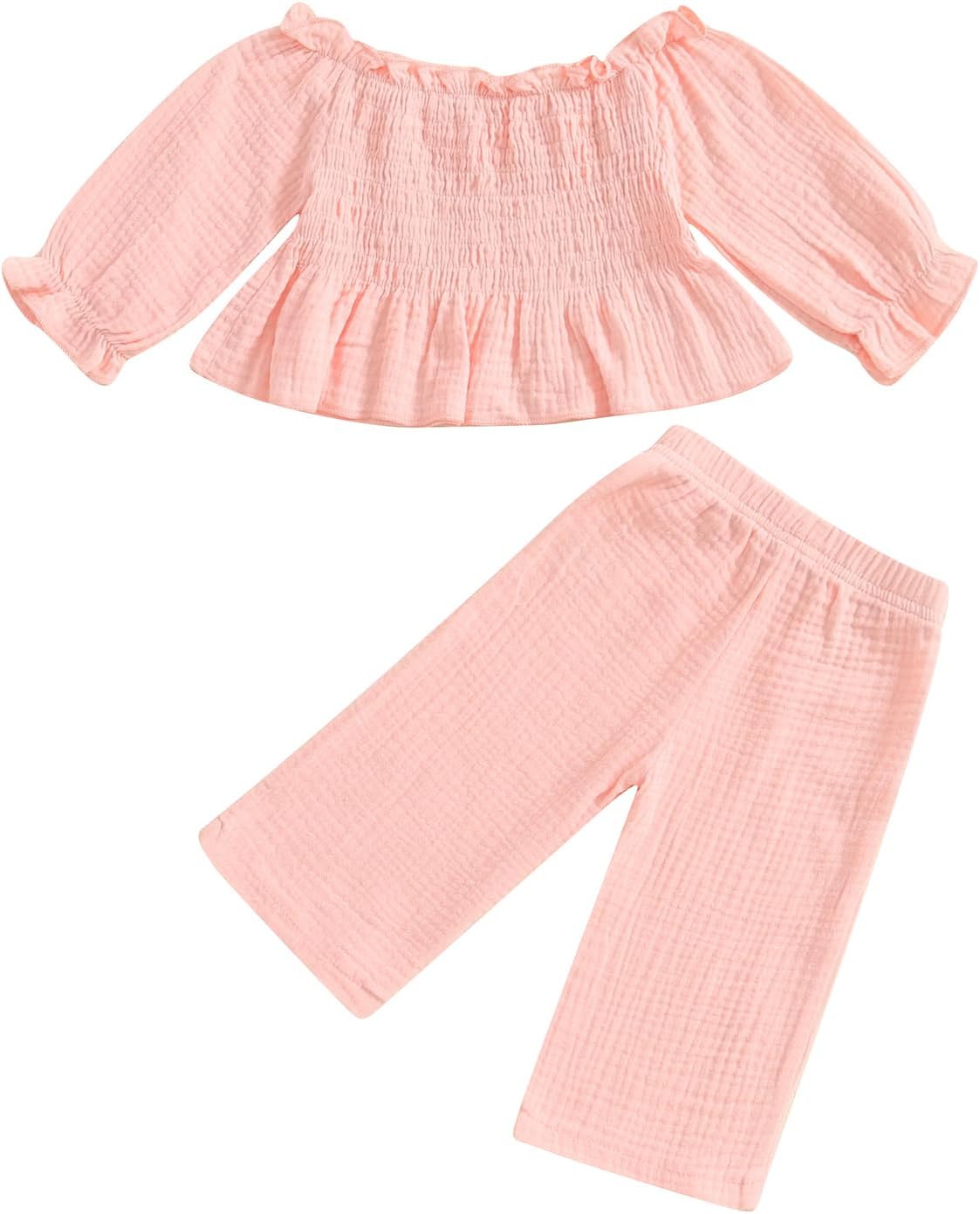 Emmababy Toddler Linen Outfit Girl Kids Wide Leg Pants Set Off Shoulder Blouse Ruffle Long Sleeve Shirt Solid Color Outfits