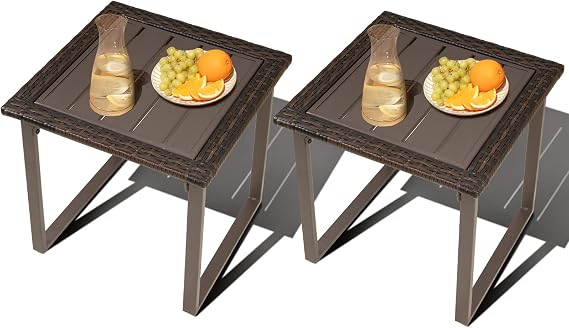 Outdoor Patio Side Table Set of 2, 2 Pieces Metal Patio Coffee Table, PE Wicker End Tables for Porch Yard Balcony, Brown