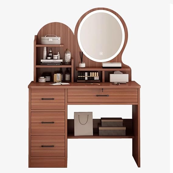 Dresser Vanity LED Lighting Dresser Compact 3 Color LED Light Large Capacity Storage Adjustable Lighting Easy Assembly Suitable for Bedroom Walk-in Closet Walnut with Round Mirror Lights