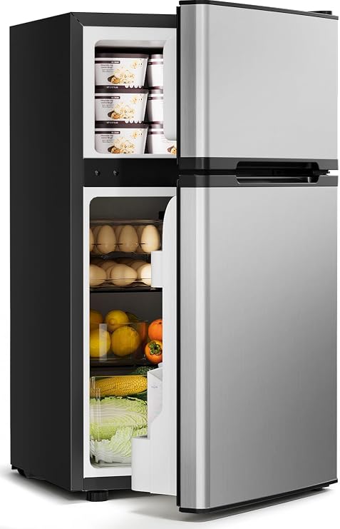 Feelfunn 3.2 Cu.Ft Mini Fridge with Freezer, 2 Door Dorm Fridge, Silver | Small Refrigerator with Separate Freezer, 3 Adjustable Thermostat,lt;38dB Quiet, Reversible Door for Bedroom, Office, Dorm