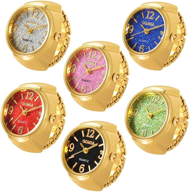 6Pcs Unisex Creative Finger Watch Round Dial Shiny Adjustable Strap Analog Quartz Ring Watches Wholesale Watches