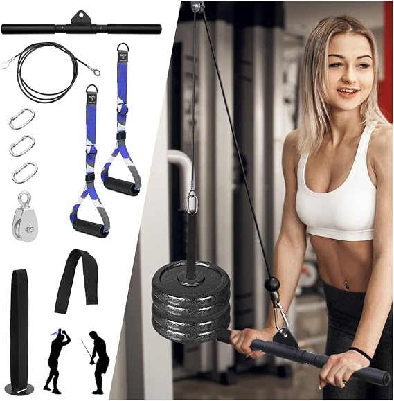 Pulley System Gym with Bar 10pcs, 78.8" Cable Lat Pull Down Attachments for Cable Machine, Home Gym Fitness Strength Training Workout Equipment