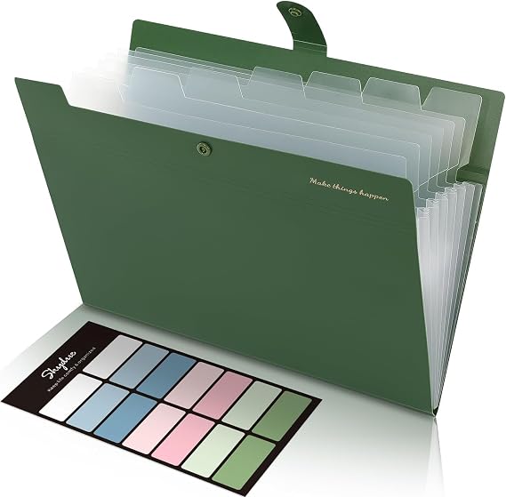 SKYDUE A4 Document Folder Folder with 8 Compartments Expanding Folder A4 with Labels Portable Organiser Folder System Document Folder for Home Office School and Travel (Green)
