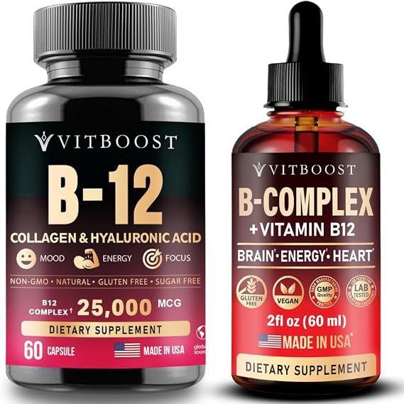 VITBOOST B12 with Hyaluronic Acid, Collagen with Vegan Vitamin B12 with B Complex 20000 mcg