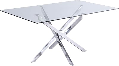 Meridian Furniture Xander Collection Modern | Contemporary Tempered Glass Top Dining Table with Durable Metal Base, 60 W x 36 D x 30 H, Silver Finish