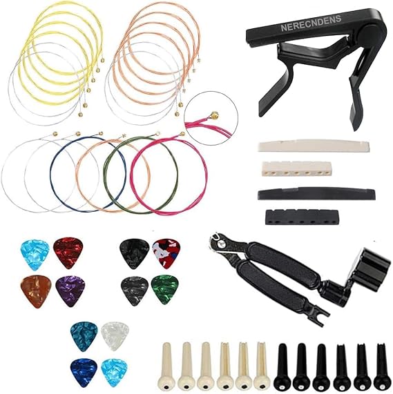 48PCS Acoustic Guitar Accessories Kit, Including Strings, Picks, Capo, String Winder, Bridge Pins, for Guitar Players and Beginners