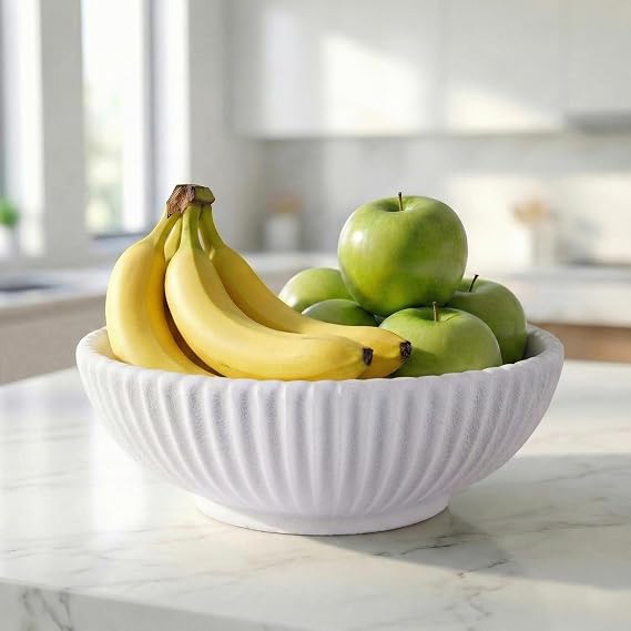 Large Decorative Fruit Bowl for Kitchen Counter or Table, Key Holder Bowl for Entryway Table, Bread Candy Snack Organizer, Modern Farmhouse Centerpiece Decor, White/Stripe