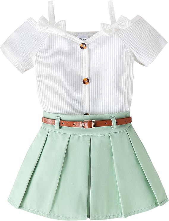 Kids Girls Summer Outfit Short Sleeve Knit Tops + Pleated A-Line Skirts Set Toddler Baby Cute Clothes