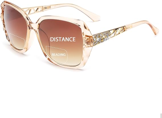 JM Bifocal Reading Sunglasses for Women Fashion Oversized Square Sun Readers Outdoor Reading Glasses UV400 Protection Brown +2.5
