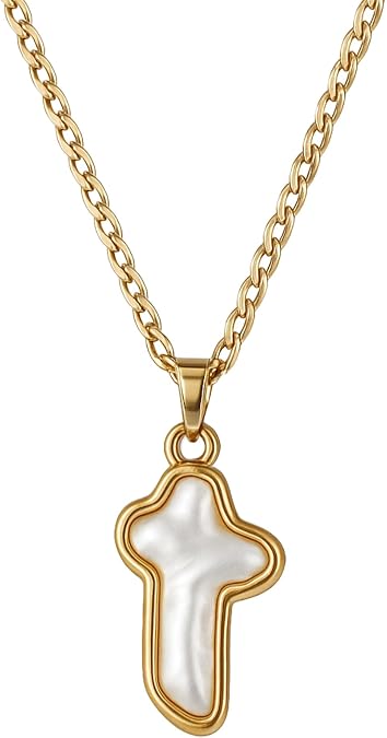 Pearl Cross Necklace for Women 14K Gold Plated Pearl Choker Necklace Faith Necklace Simple Gold Pearl Necklace