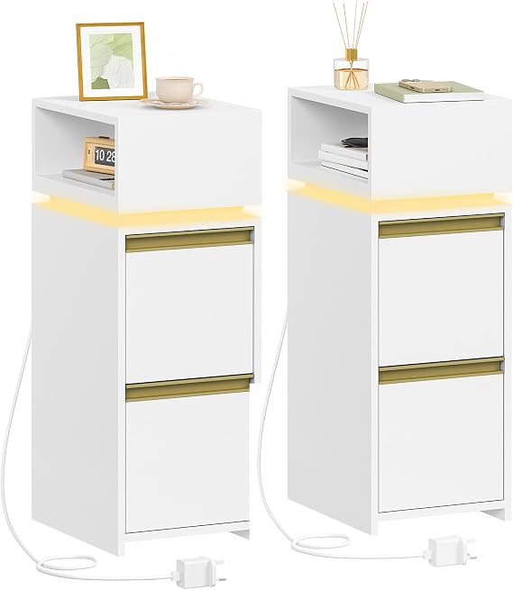 HEXCELEN Slim Bedside Tables Set of 2, Bedside Cabinet with LED Lighting