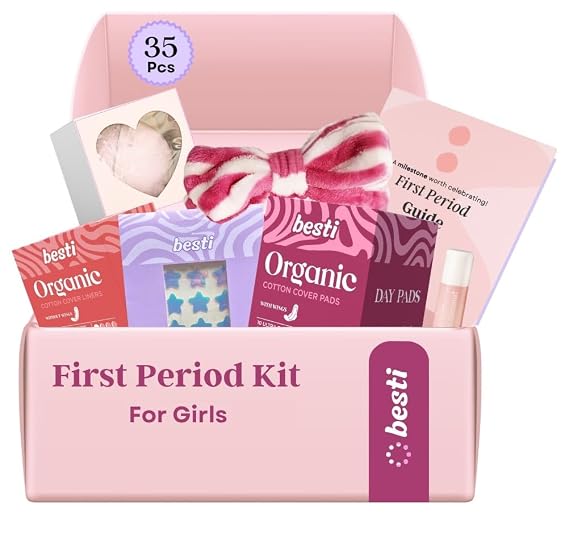 Besti First Period Kit for Girls (Ages 9-12) | Organic Pads & Liners, Pimple Patches, Bath Bomb, Lip Balm, Spa Headband & First Period Guide | Self-Care Gift Box for Teens Menstrual Starter Kit
