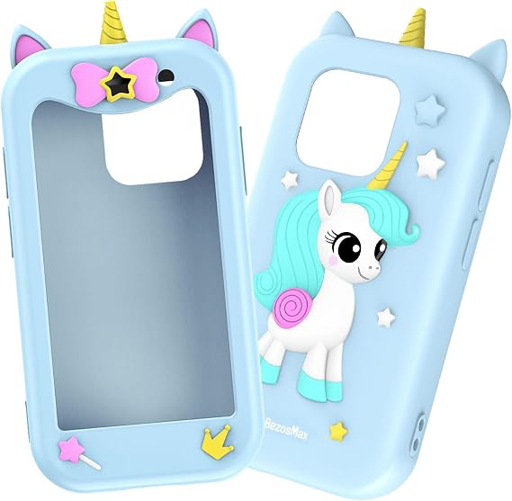 soyes Mini Unicorn Phone Case only Compatible 15mini Phone(Not for iPhone, 3D Cartoon Design, Silicone Protective Cover, Gift for Kids Boys and Girl, Blue