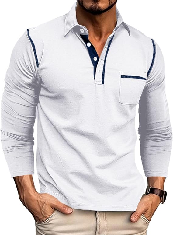 Qekoma Mens Polo Long Sleeve Shirts Casual Collared T-Shirt