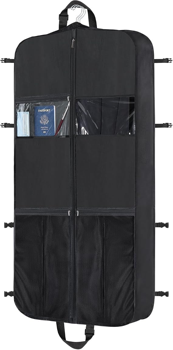 Zilink 48 Inch Garment Bags for Travel Heavy Duty Travel Suit Bag for Men Women with Buckles & Shoulder Strap Garment Bags for Hanging Clothes, Black