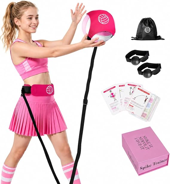 Volleyball Training Equipment (No Ball Included): 6-Piece Pink Solo Volleyball Trainer Set with Training Cards for Serving, Spiking, Setting & Hitting Gift for Teen Girls and Beginner Player