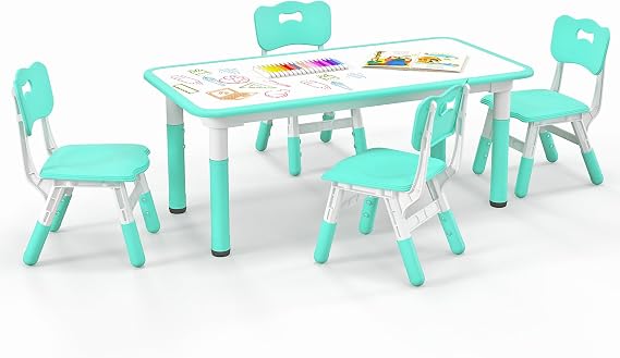 KOTEK Kids Table and Chairs Set of 4, Height Adjustable Children Activity Table & Play Table with Graffiti Desktop, Toddler Table and Chair Set for Daycare, Playroom, Home, Preschool (Green)