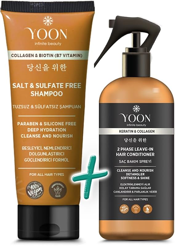 YOON 2'li Vegan Tuzsuz Şampuan 250ml & Saç Bakım Spreyi 250ml, Keratin, Kolajen ve Biotin B7 İçerikli 2'li Saç Besleyici Set