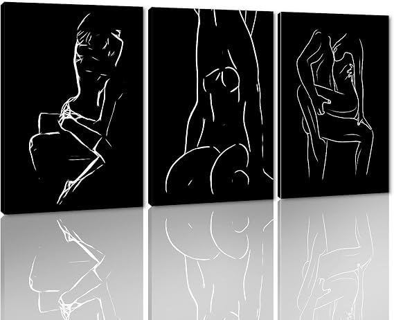 Sexy Abstract Nude Black and White Couple Love Painting on Canvas Wall Art Home Decor for Living Room Bar Hotel Framed 16" W x 24" Hx3pcs