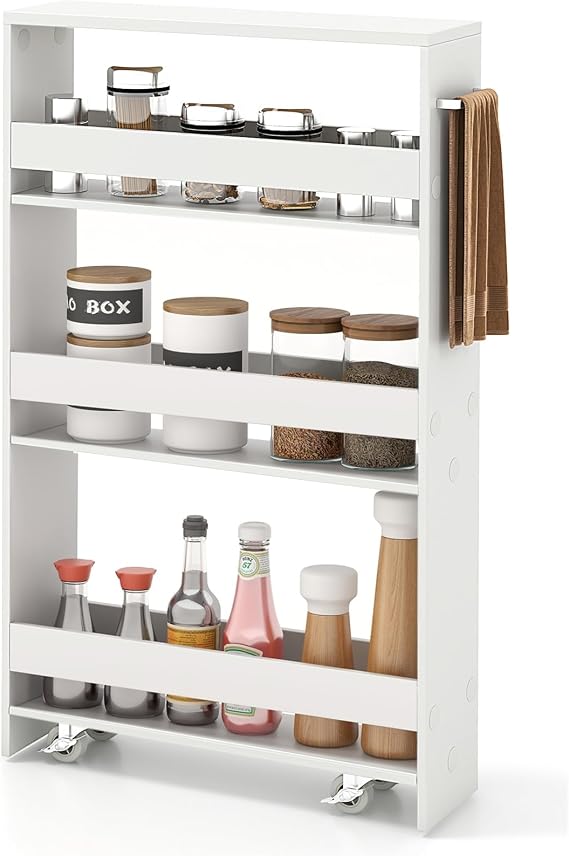 Slim Rolling Storage Cart, 4-Tier Kitchen Utility Carts on Wheels, Wood Shelving Unit Organizer Trolley with Handle, 5 Width Narrow Cart for Small Spaces, Laundry, Bathroom (White)