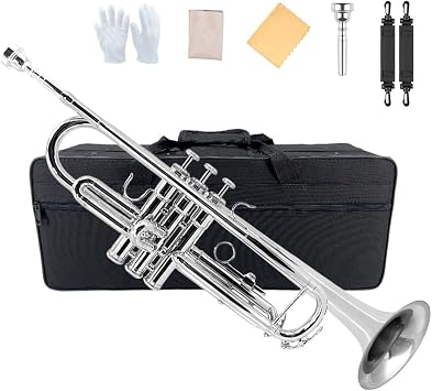 Yinfente Bb Standard Trumpet Set for Beginner or Advance Student, Brass Student Trumpet Instrument With Hard Case, 7C Mouthpiece, Cleaning Kit,White Gloves Silver
