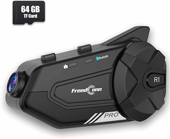 FreedConn R1 PRO Motorcycle Bluetooth Headset with 2K Camera Recorder, Motorcycle Bluetooth Helmet Intercom Systems,IP65 64GB TF Card, Communication Systems,