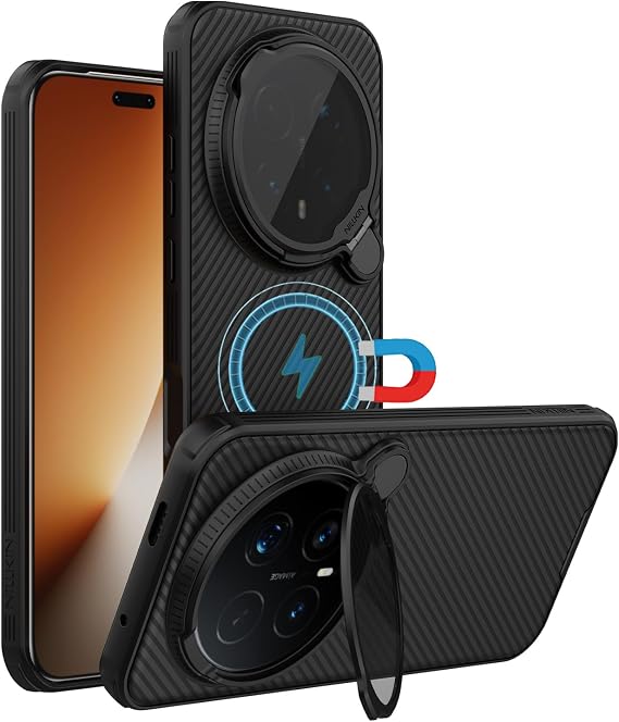 Case for Honor Magic 8 Pro, Camera Lens Protection Folding Kickstand Holder, TPU Bumper PC Back Cover Compatible with MagSafe Corners Shockproof (Black)