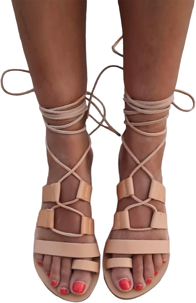 Greek Lace Up Sandals for women, Ankle Wrap up flat shoes, Tie Ups