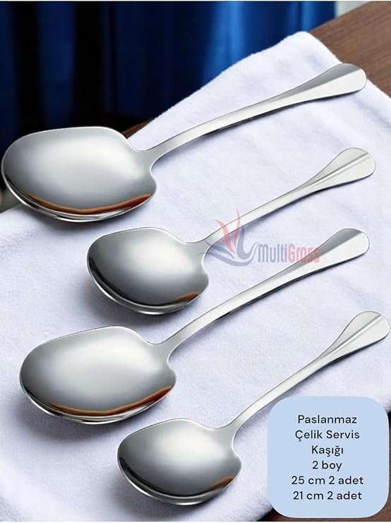 Paslanmaz Çelik Servis Kaşığı Seti, 25 cm 2 Adet 21 cm 2 Adet, Metalik