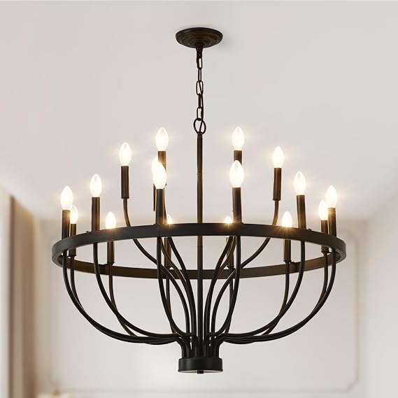 32-Inch Black Farmhouse Chandelier 18-Light Modern Candle Chandeliers | Industrial Metal Chandeliers for Staircase, Living Room, Entryway Foyer, Vintage Rustic Style, Adjustable Height, E12 Base