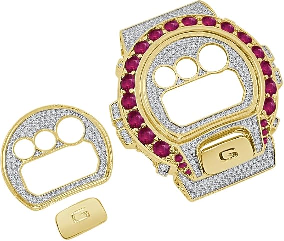 Replacement Solitaire Bezel Smart Watch Case 6.00 CWT. VVS1/D Zirconia14K Gold Finish Compatible With Casio G-Shock DW6900 Watch Bezel/Face Plate/G Button Insert Cover (Yellow Gold/Fire Pink Zirconia)