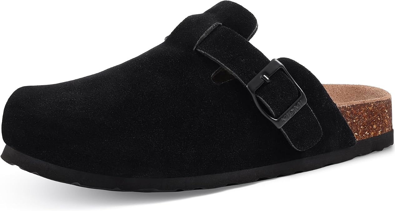 KIDMI Unisex Vegan Suede Clogs Leather Mules Womens Mens Cork Footbed Potato Shoes with Arch Support, Vegan Suede Black, Size 37