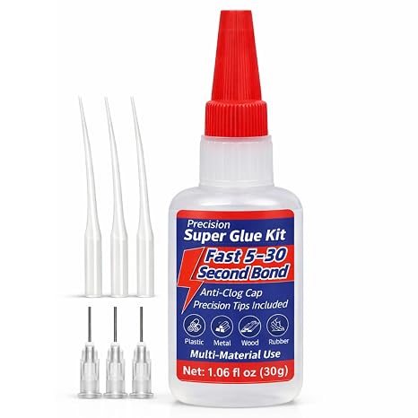 Precision Super Glue Kit, 1.06 fl oz (30g) CA Glue with Anti-Clog Cap, 3 Metal Applicator Tips & 3 Extension Tubes Fast-Setting Instant Adhesive for Plastic, Metal, Ceramic, Wood, Rubber & DIY